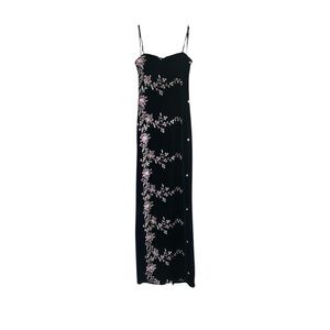 Roberta Elegant Black Velvet Strapless Embroidered Floral Dress Size M